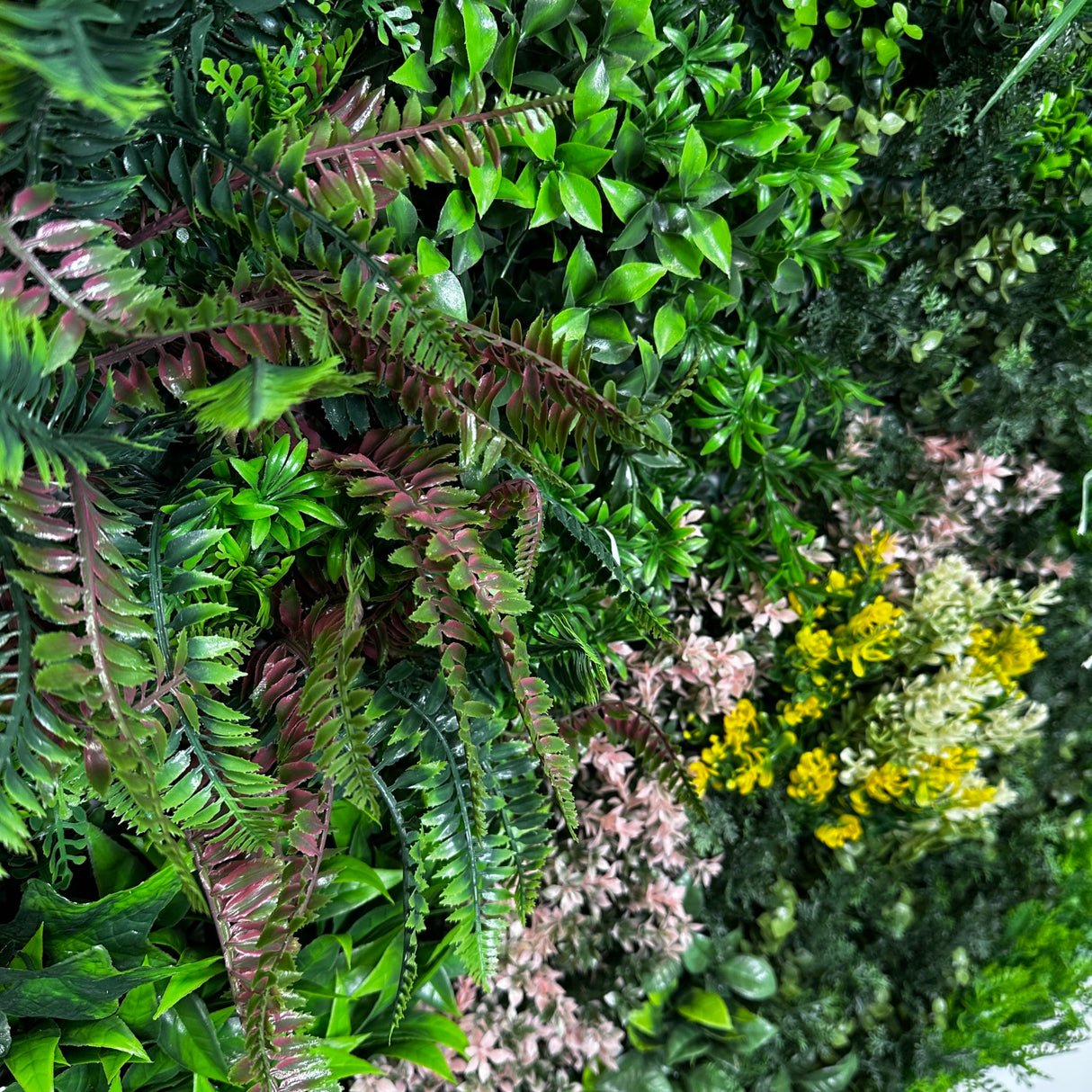 Combo A panel - Artificial green wall panels with mixed green pink white yellow foliage
