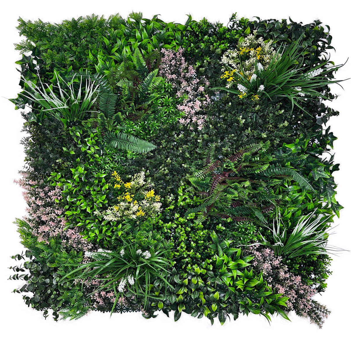 Artificial green foliage wall panel with layered plants, pink blossoms, and bright yellow flower clusters