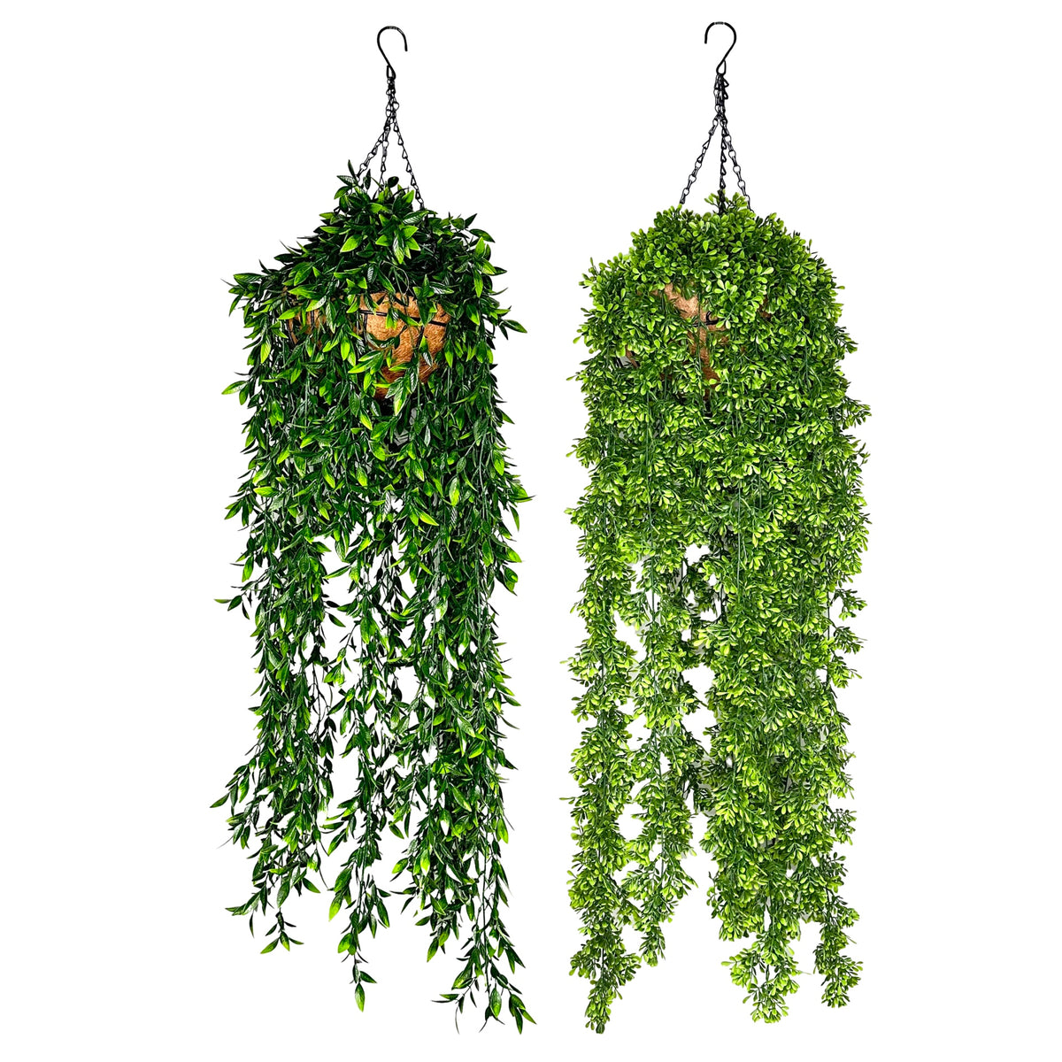 Artificial hanging plant baskets, dark and light green foliage
