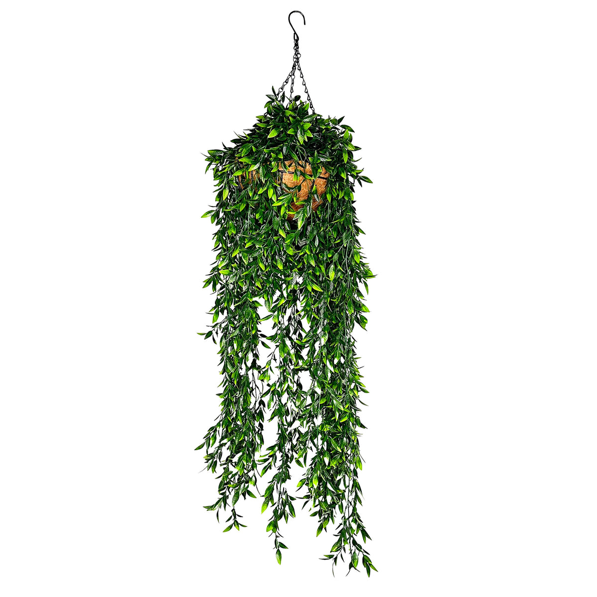Artificial trailing bayberry plant in hanging basket with long cascading green leaves
