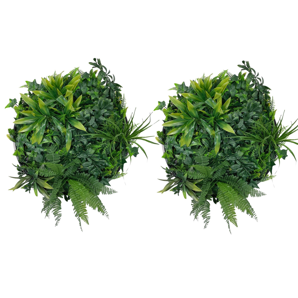 Artificial green foliage circular wall panels with black metal frames, leafy design