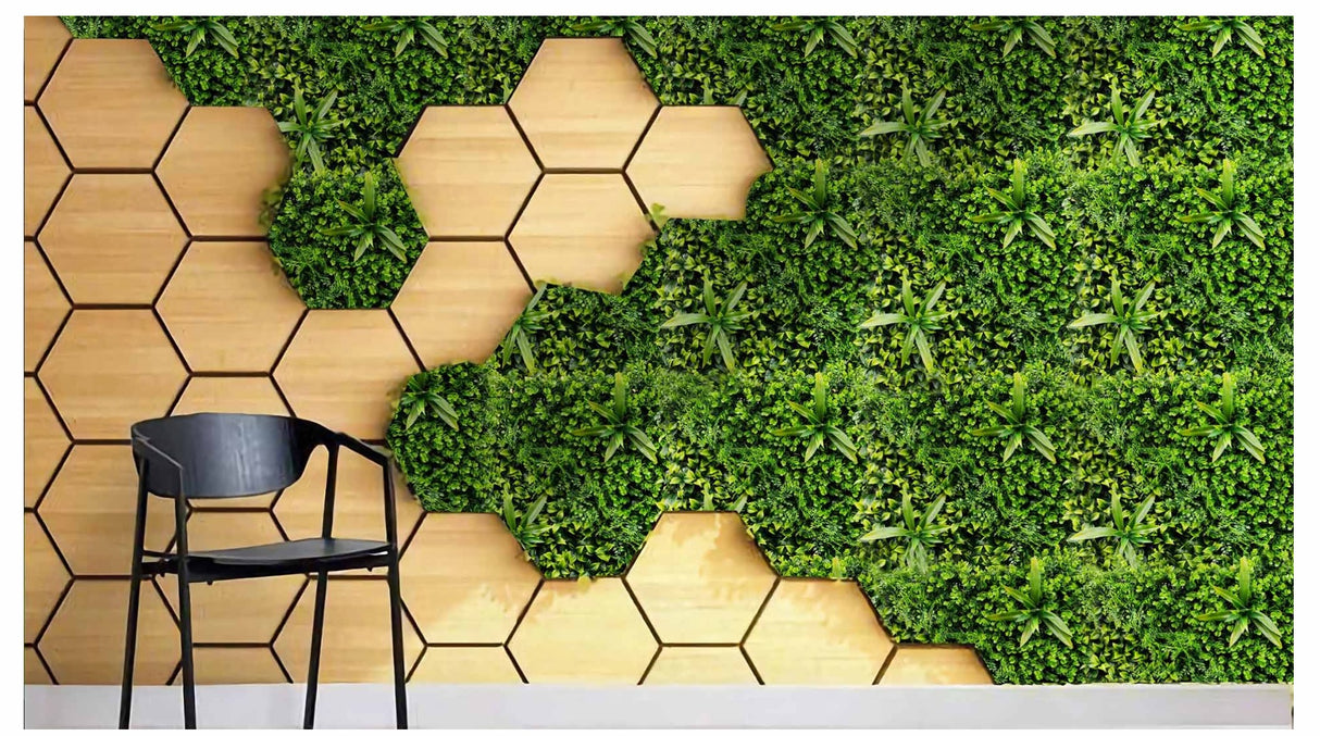 Artificial mixed green foliage in a hexagon Aluminium frame