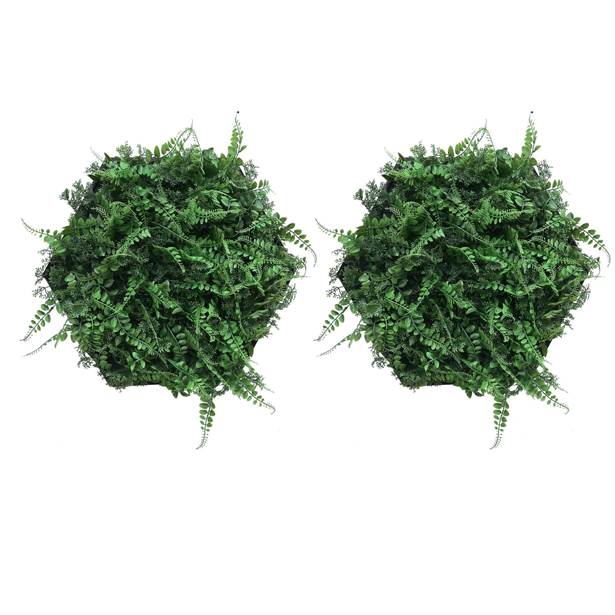 Artificial green foliage wreath panels in hexagon aluminium frames, set of 2