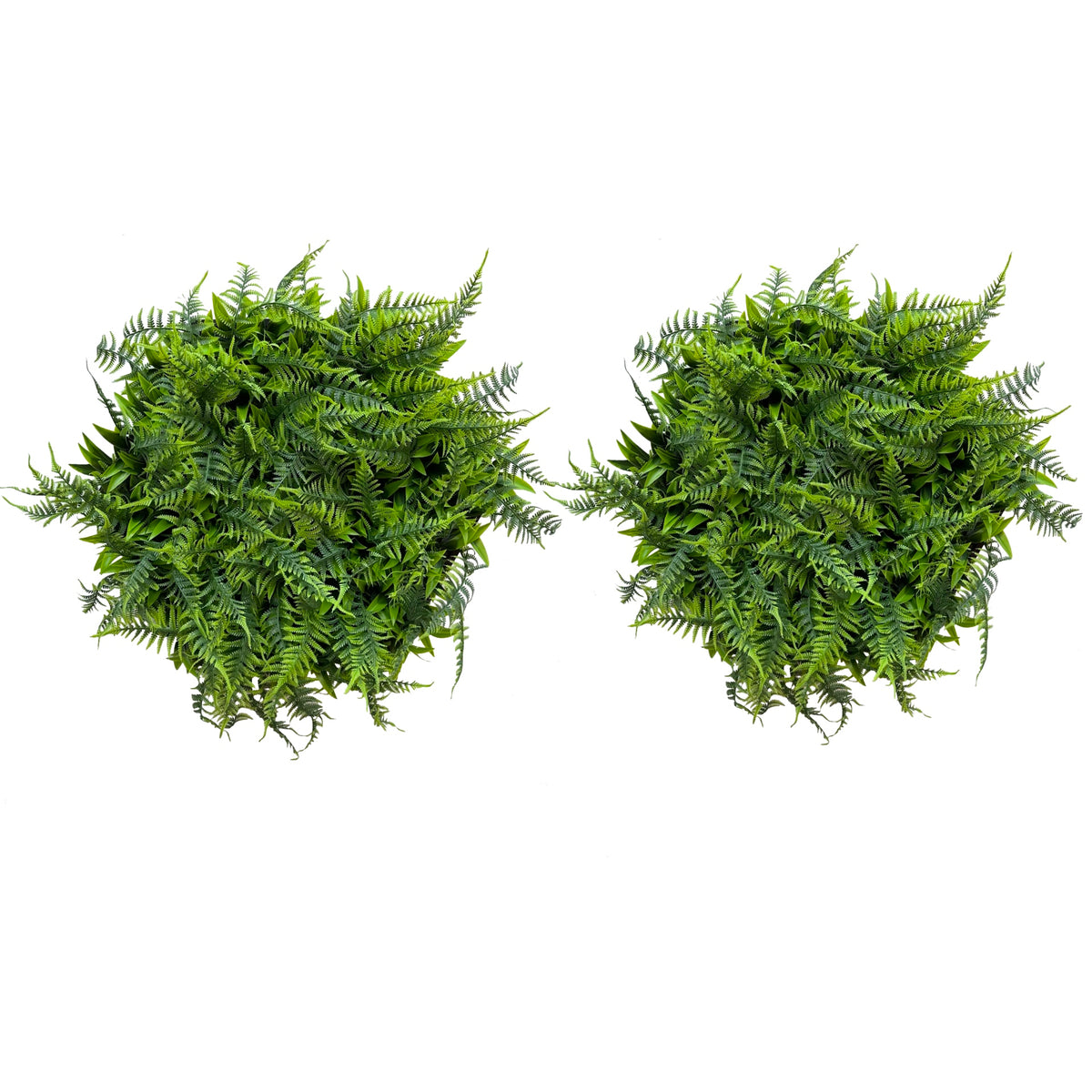 Artificial green fern foliage in hexagon aluminum frame, dense leafy texture