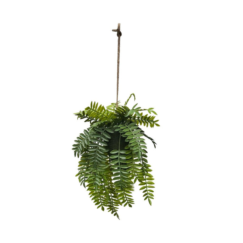 Artificial trailing fern kokedama with dense green fronds and hanging cord