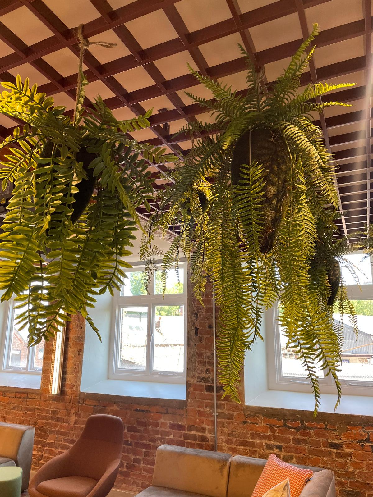 Artificial trailing fern kokedama with dense green fronds and light seed-like tips