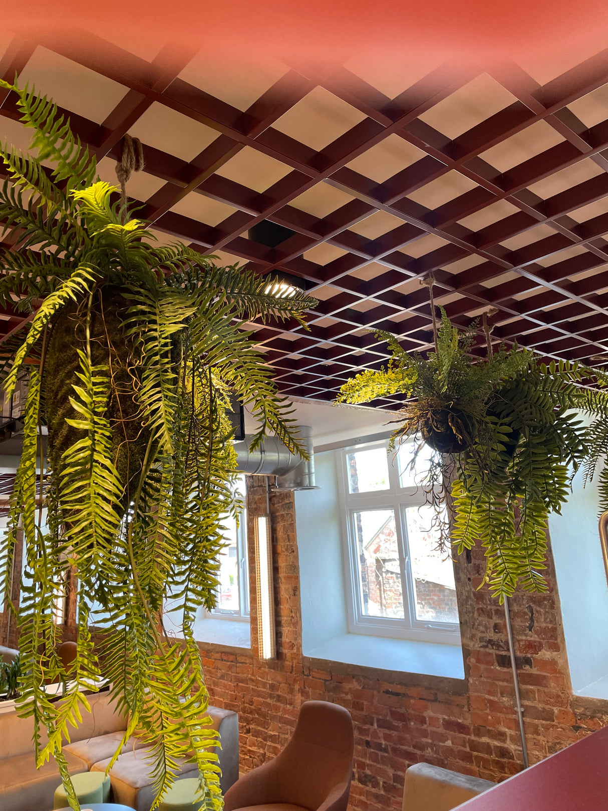 Artificial trailing pheasant tail fern kokedama in a black metal hanging frame 66cm wide 110cm height