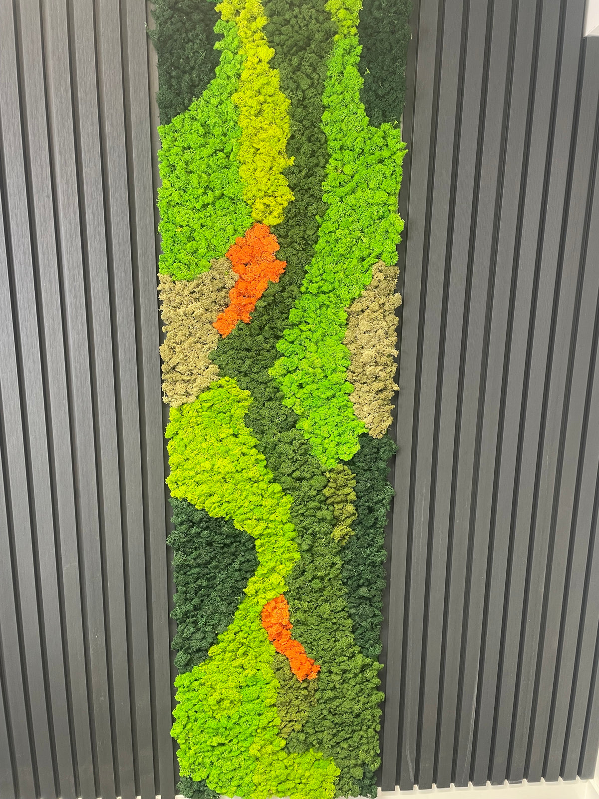 Preserved reindeer moss panel with lime green textured field, dark green base, and orange spots.