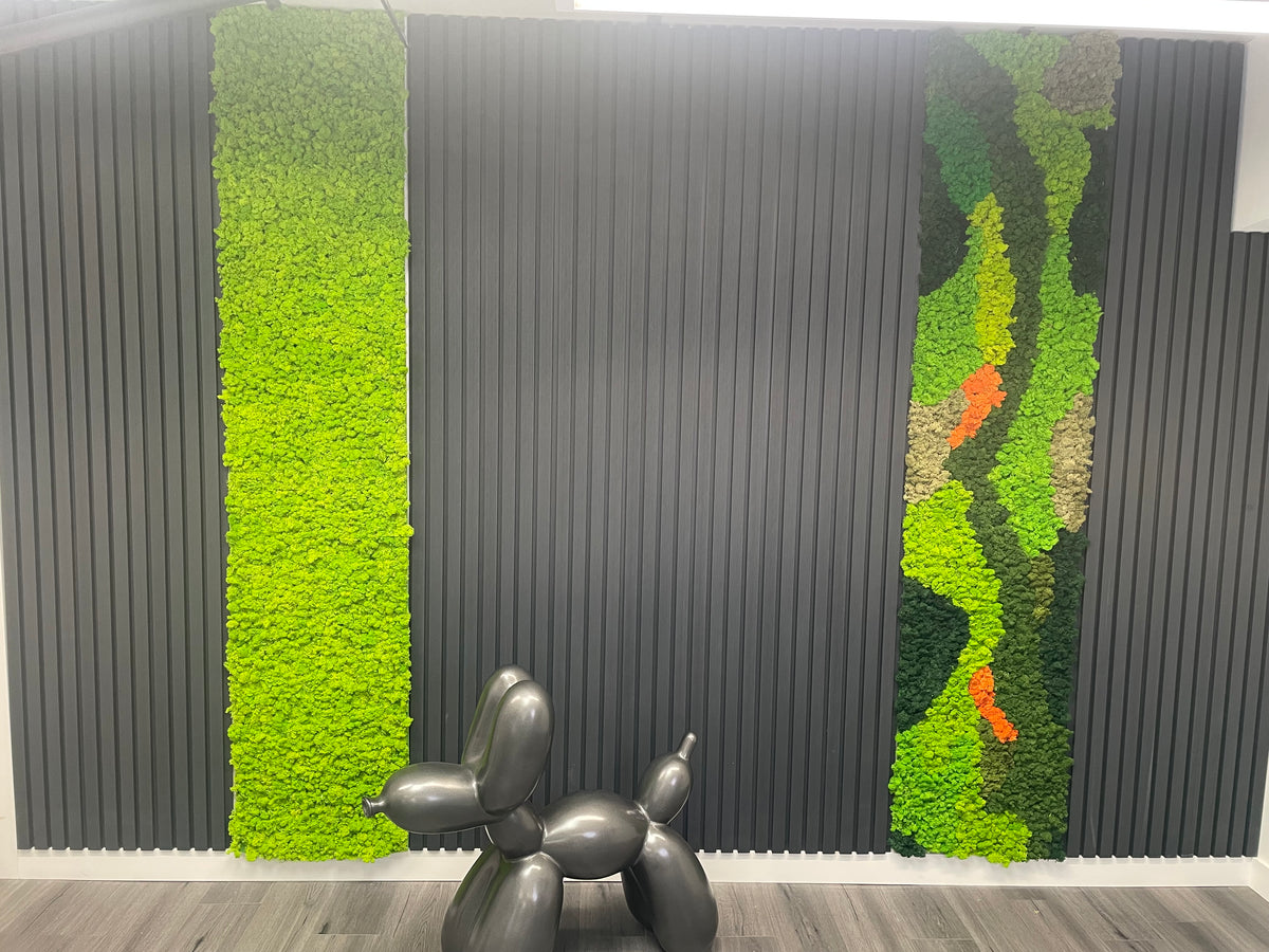 Preserved reindeer moss panel with lime green columns, beige sections, and orange arrow-like accents.
