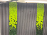 Preserved reindeer moss panels, lime green bands with dark green borders.