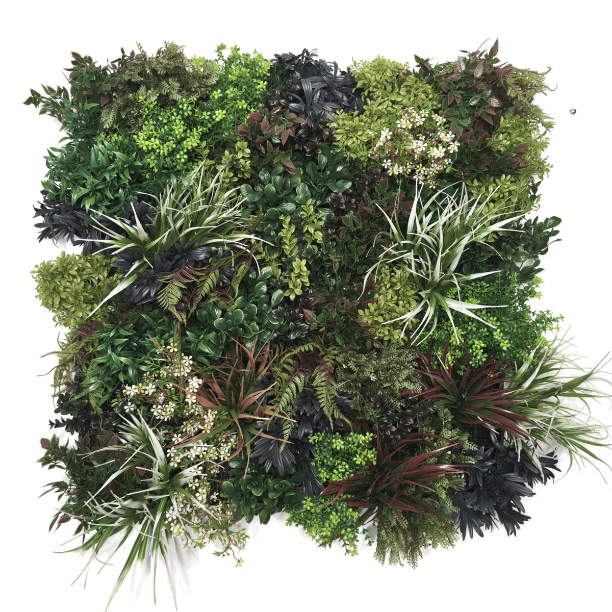Premium realistic artificial 3D plant wall with green purple red and white foliage 80x80cm - PW01