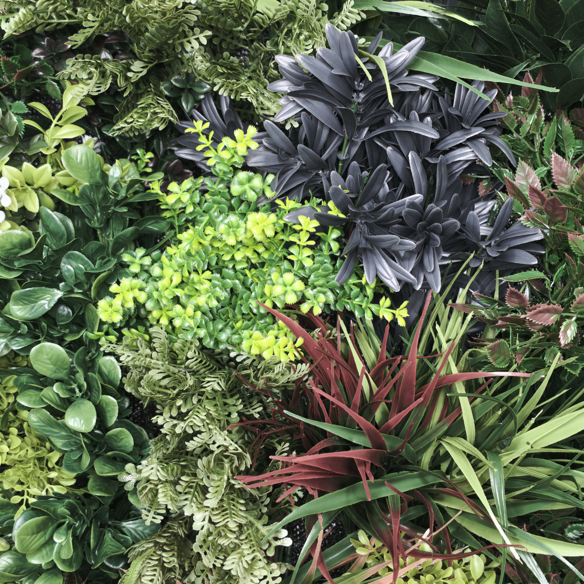 Premium realistic artificial 3D plant wall with green purple red and white foliage 80x80cm - PW02