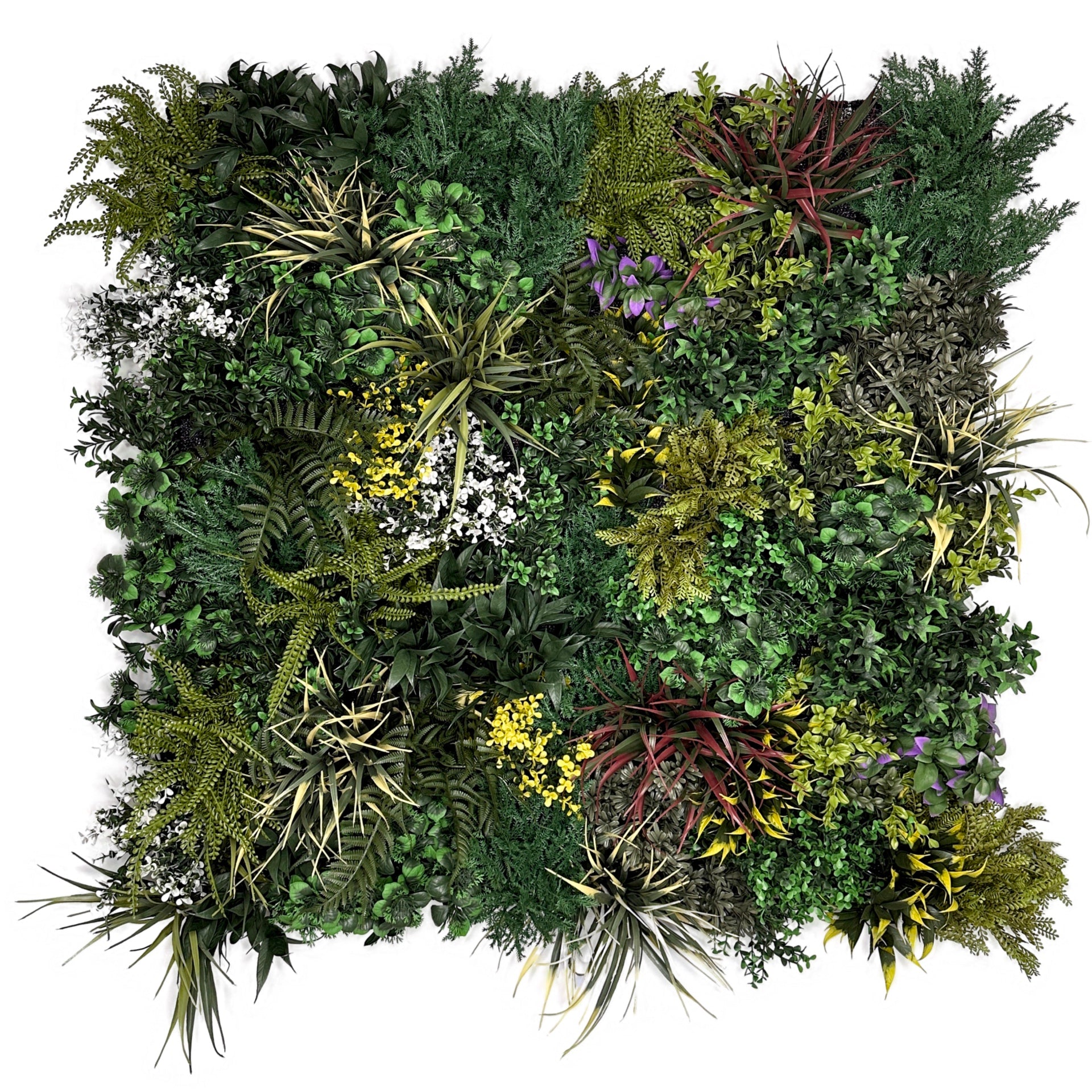 Artificial foliage wall panel with dense green leaves and yellow, purple, white blooms; square 100cm
