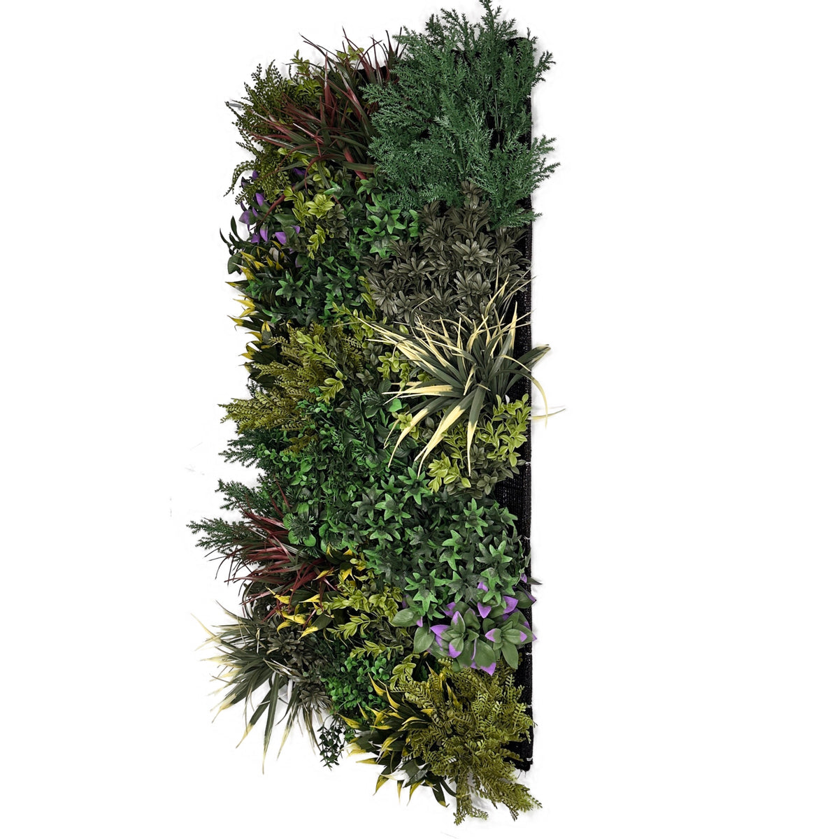Artificial foliage wall panel with green leaves and purple accents on dark backing