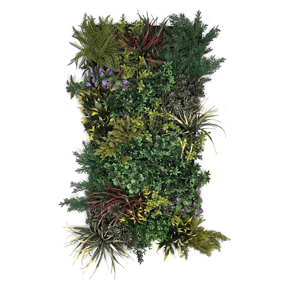 Artificial foliage wall panel with mixed green, purple, and yellow leaves and red stems