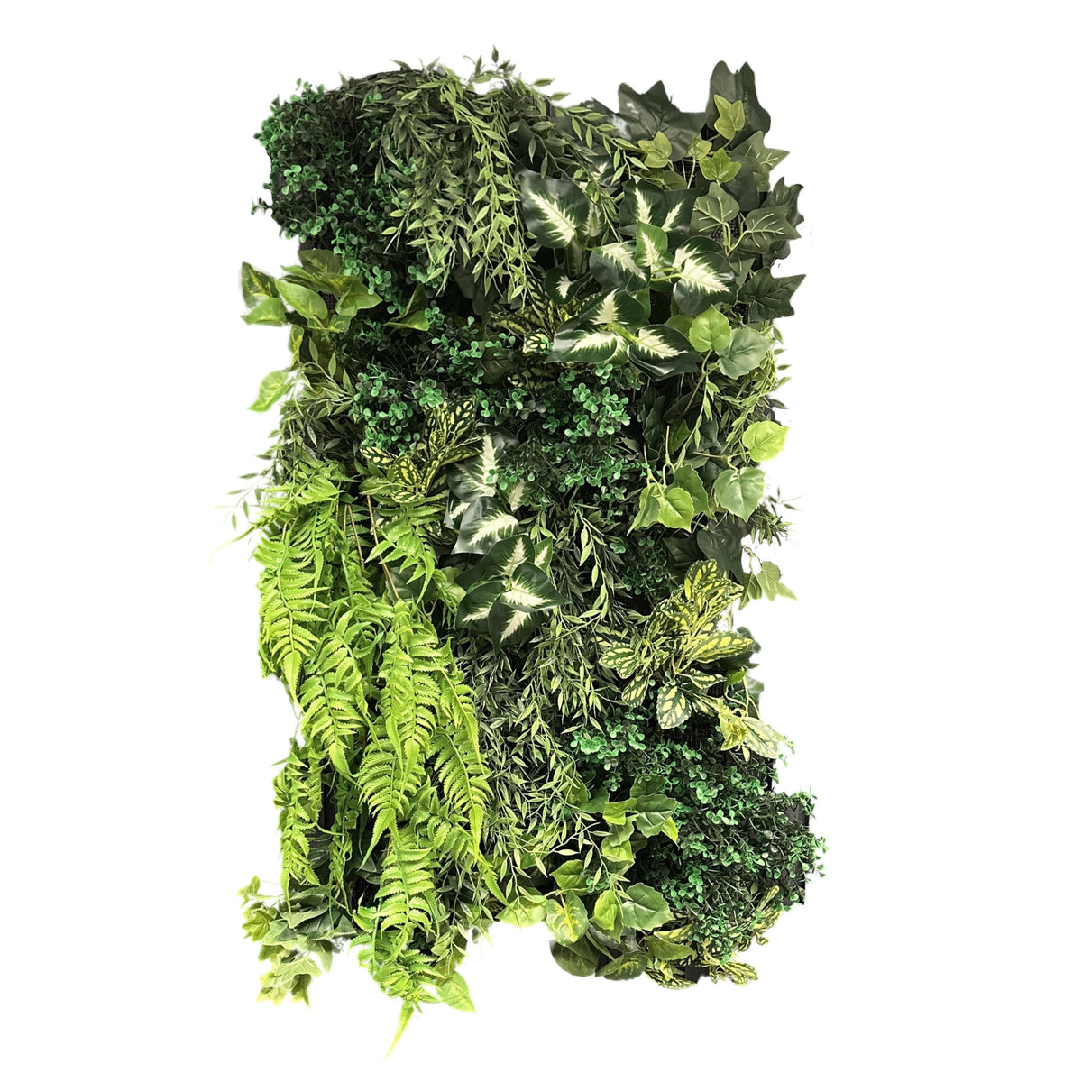Artificial ivy plant wall panel with thick leafy clusters and fern-like green sprigs