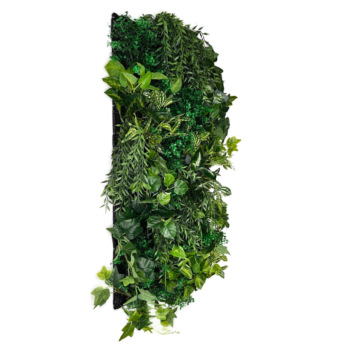 Artificial 3D plant wall panel with vertical grid and dense green leafy vines