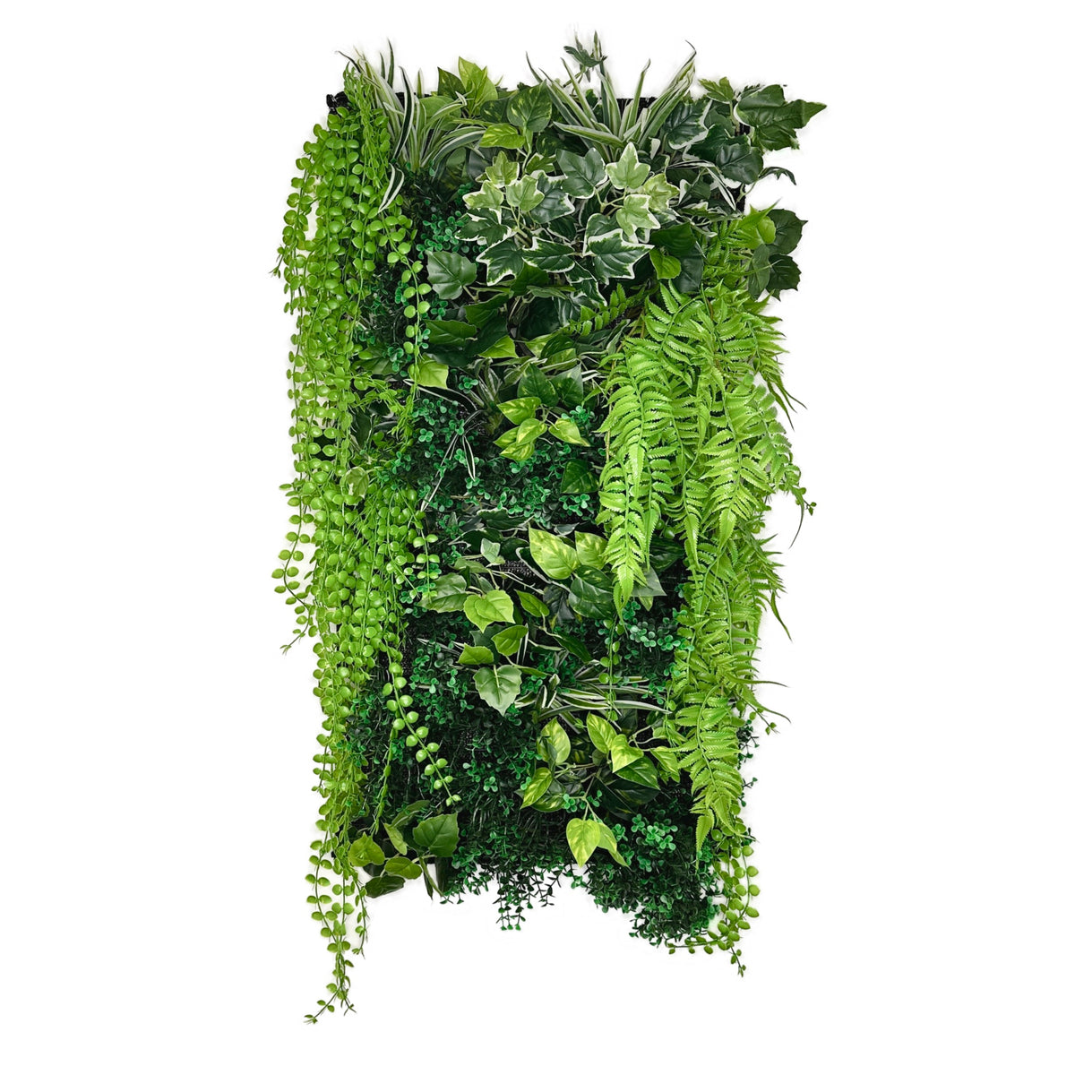 Artificial 3D plant wall panel with dense green vines, ivy, and trailing fronds