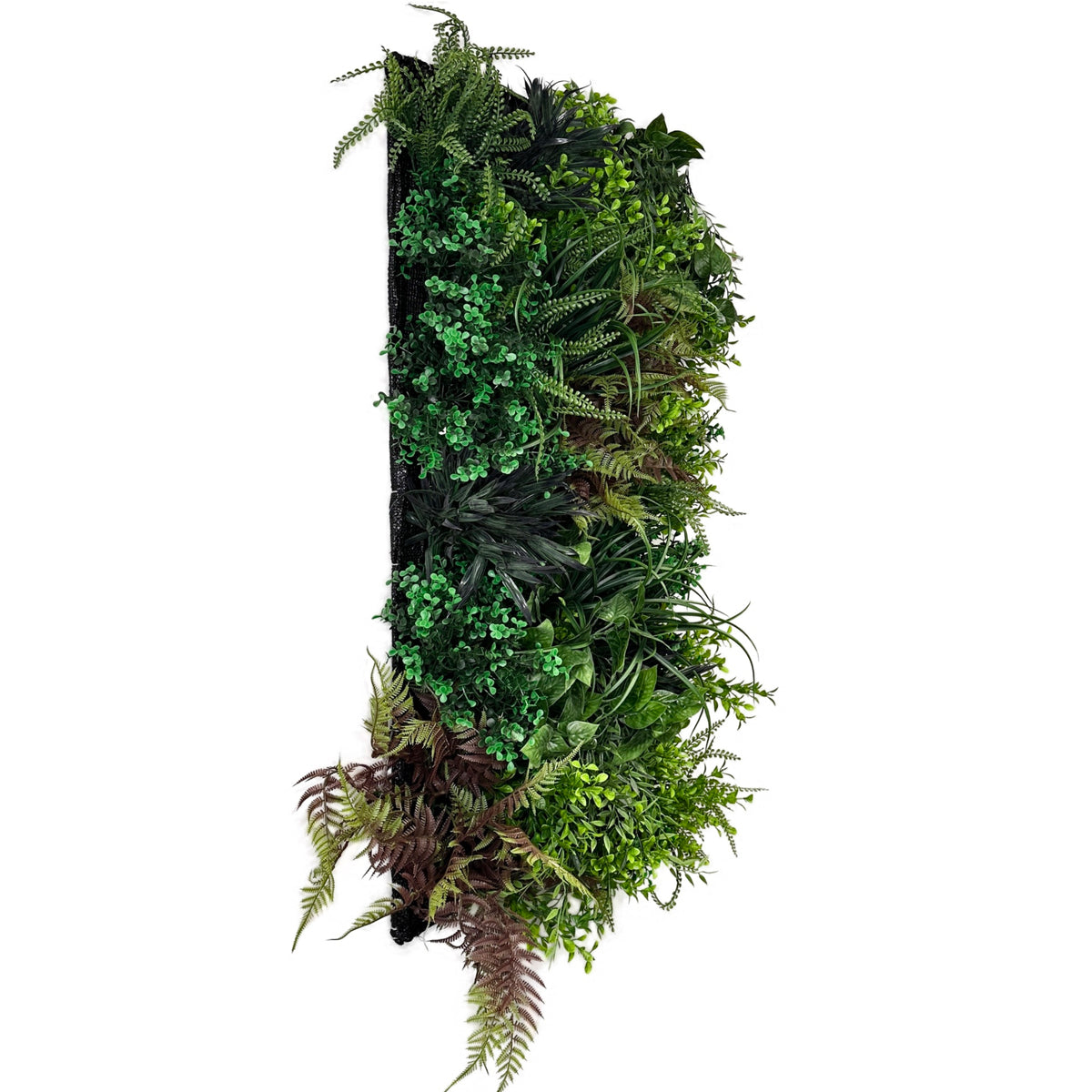 Artificial 3D plant wall panel in narrow vertical shape with green foliage on black backing