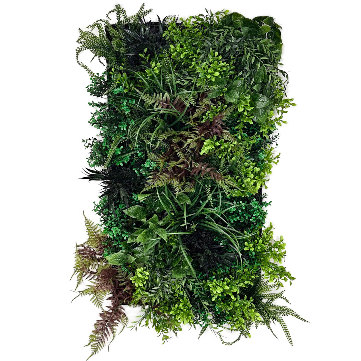 Artificial 3D plant wall panel, upright wall-hanging shape, dense green mixed plants