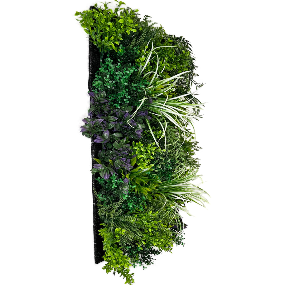 Artificial green and purple plant wall panel with layered 3D foliage and dark backing