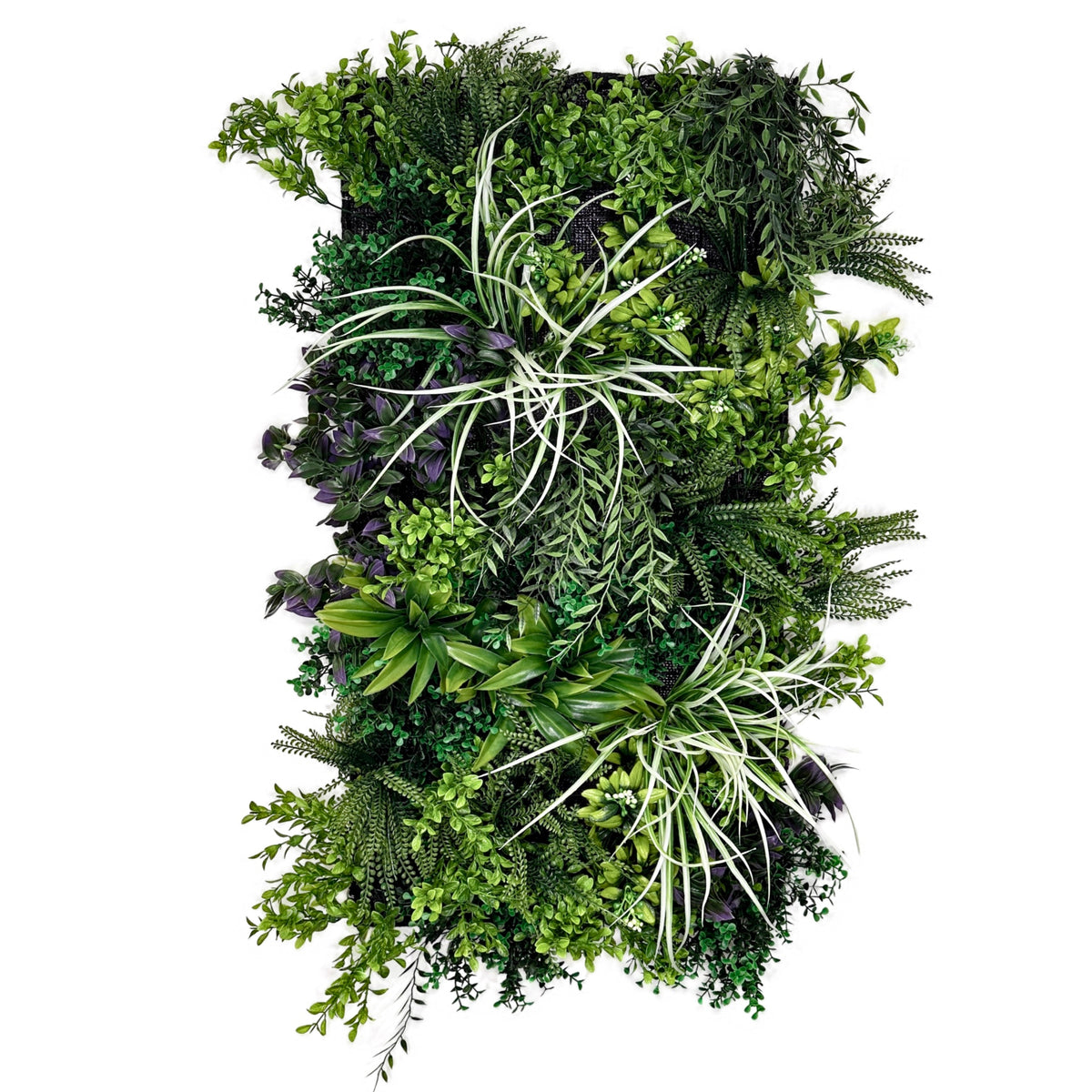 Artificial plant wall panel with dense green foliage, purple highlights, and slender white blades