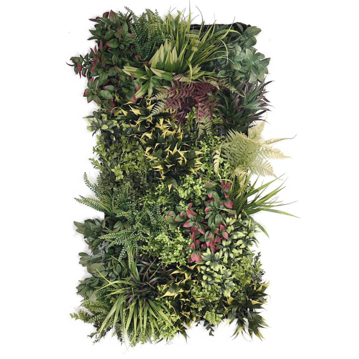 Artificial foliage wall panel with dense vertical greenery, mixed green and red accents