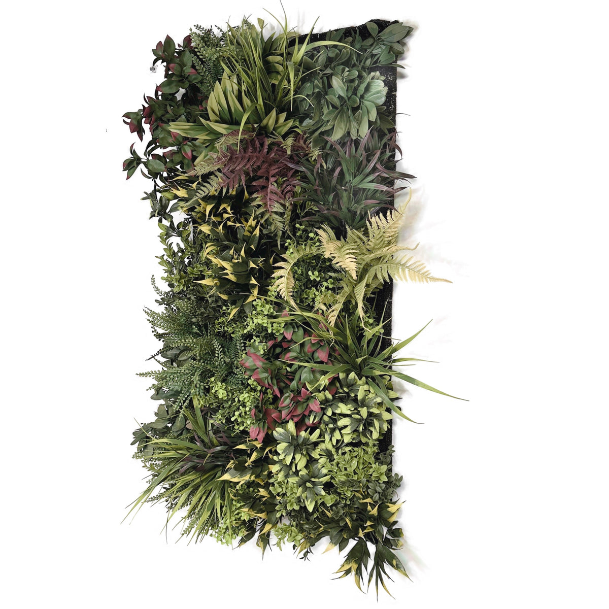 Artificial foliage wall panel, vertical layered leaves and ferns with dark backing