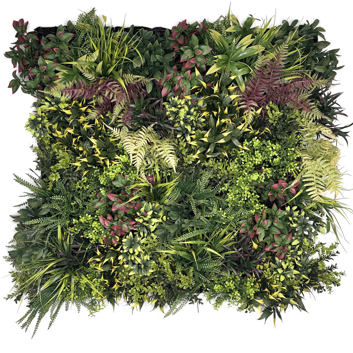 Artificial foliage wall panel with varied green plants, ferns, and burgundy red accents