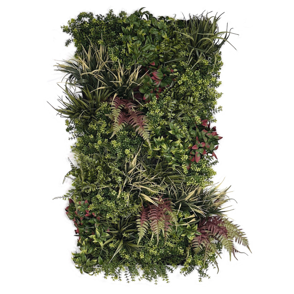 Artificial foliage wall panel with full leafy surface and long grass blades plus pink leaves
