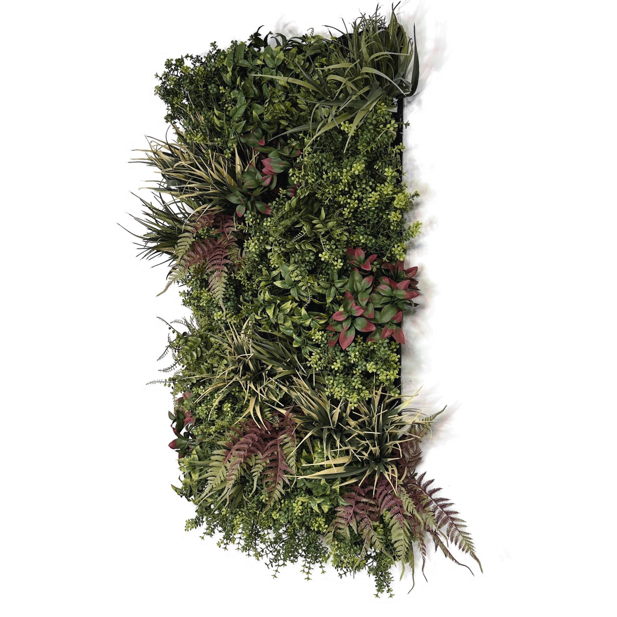 Artificial foliage wall panel with vertical mix of dark green leaves, grasses, and pink accents