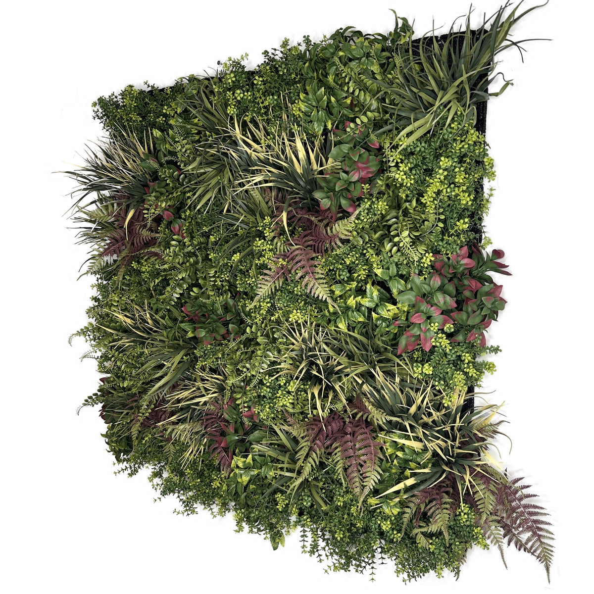 Artificial green foliage wall panel with dense leaves, ferns, and pink accents, square