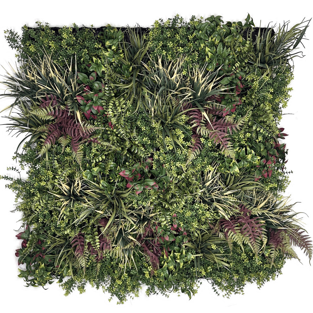 Artificial green foliage wall panel, dense mix of needles, ferns, and pink flowers, square