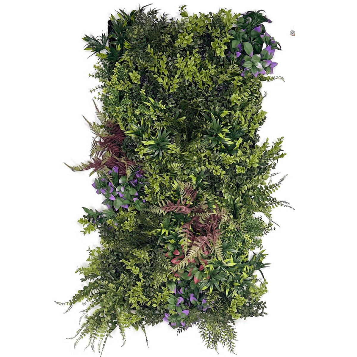 Artificial plant wall panel with dense mixed green, purple, and yellow foliage.