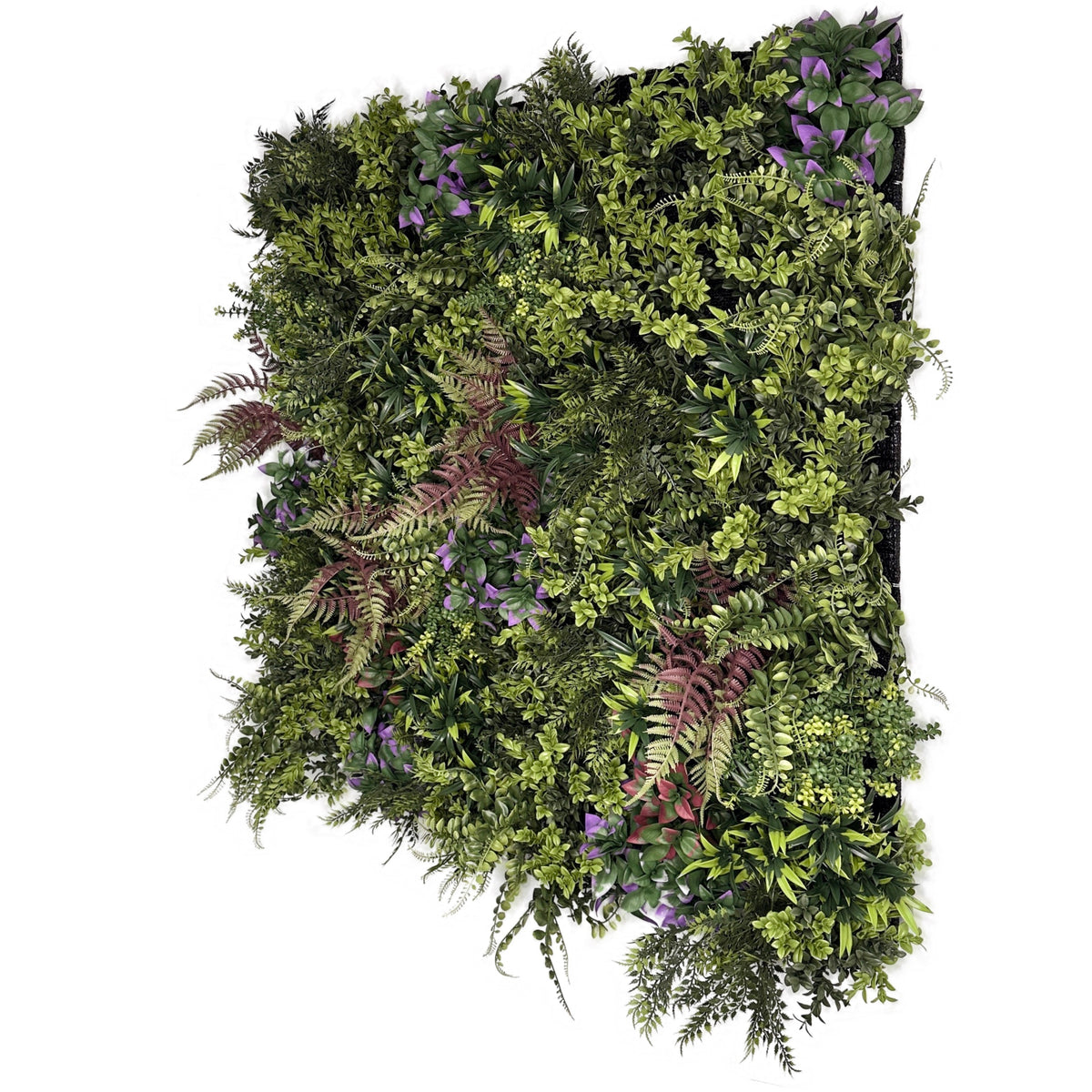Artificial plant wall panel with layered green foliage and scattered purple flowers