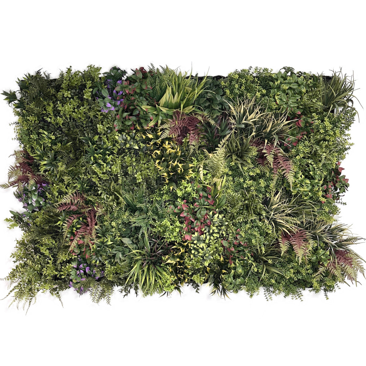 Artificial green foliage wall panel with mixed leaves, purple fronds, and small blooms