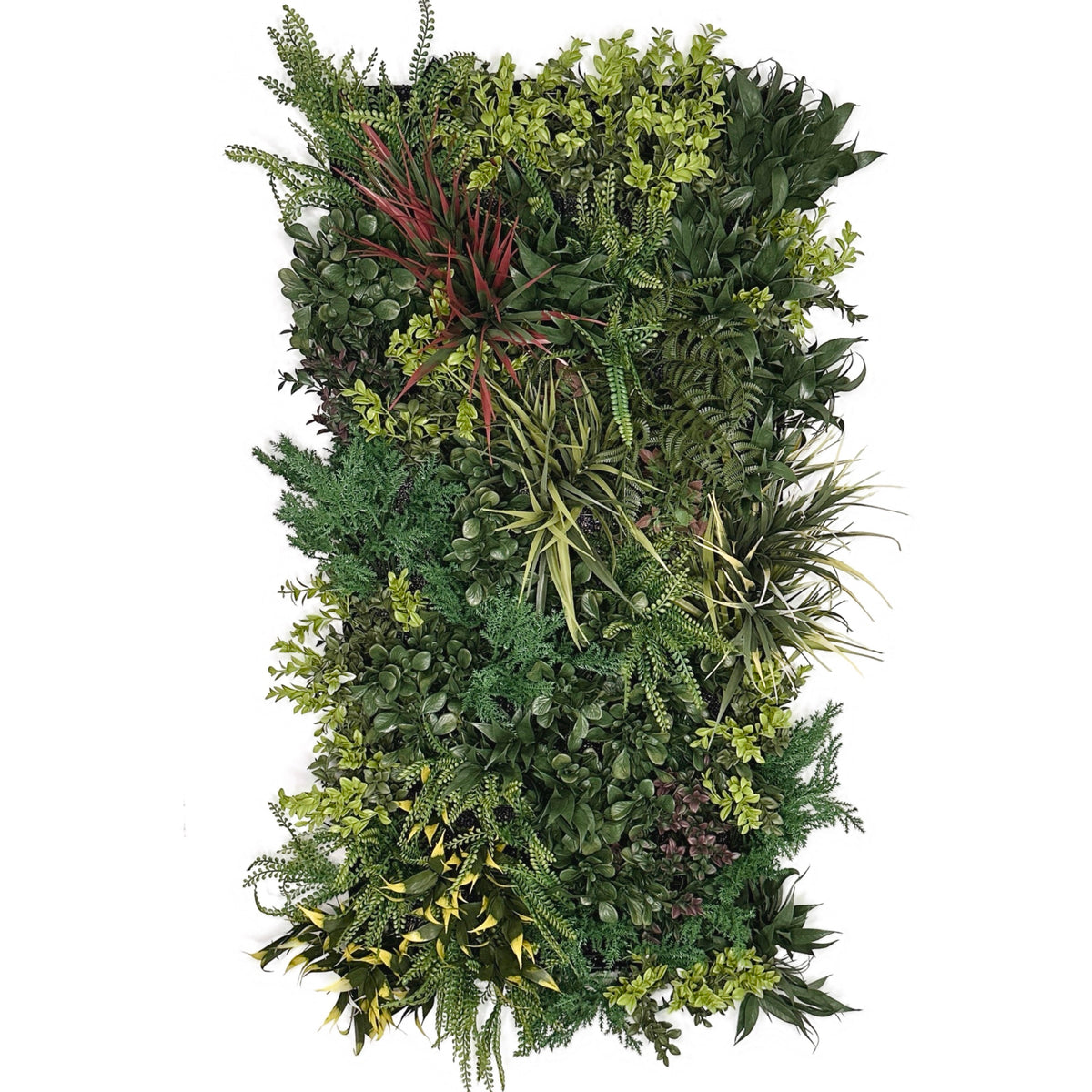 Artificial foliage wall panel with dense green leaves, ferns, and red accents
