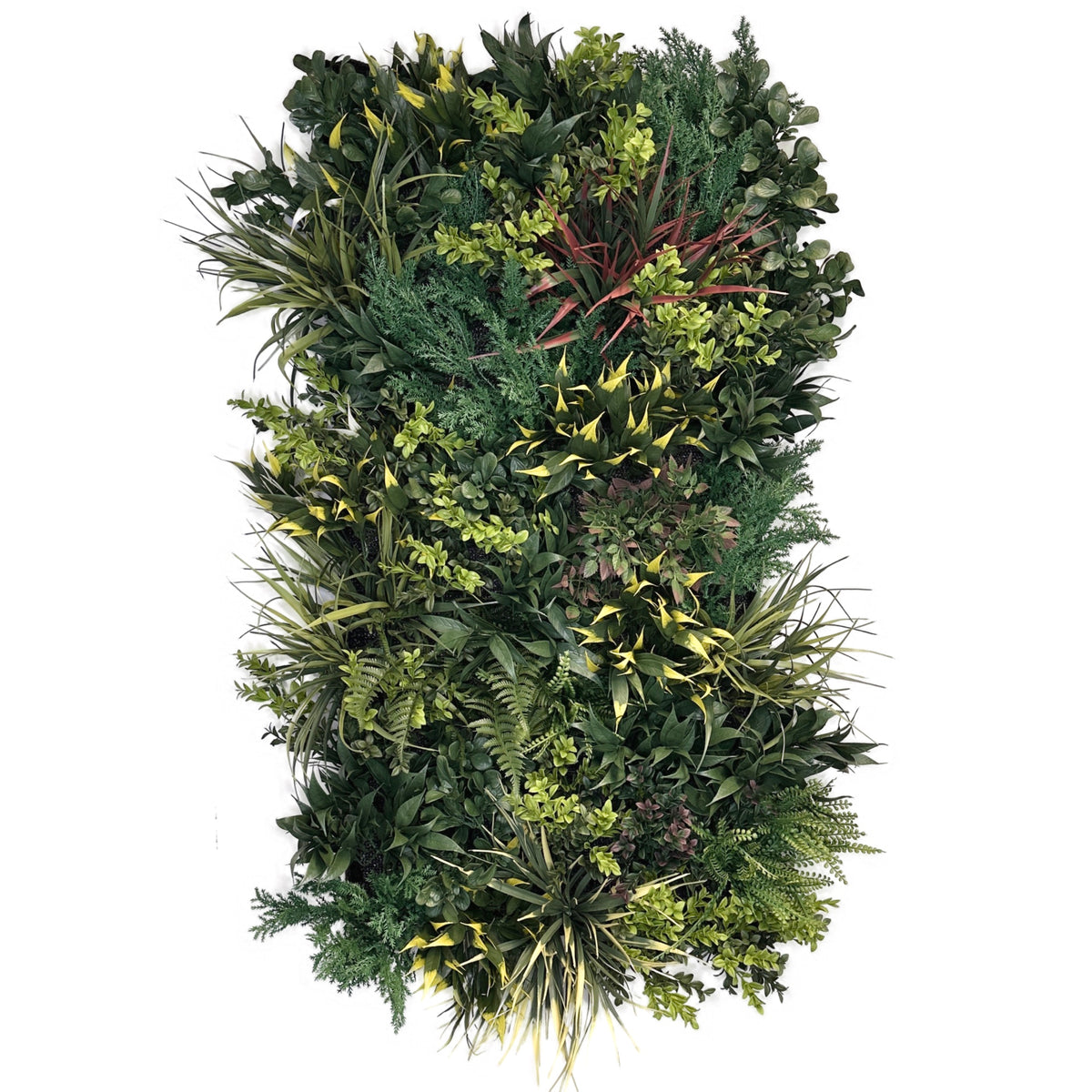 Artificial foliage wall panel with dark green leaves and yellow accents, dense wreath-like shape