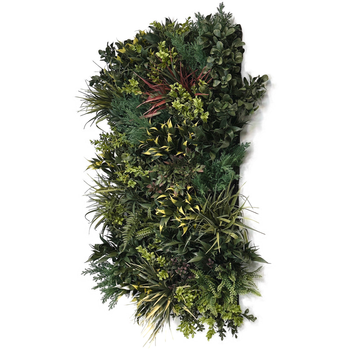 Artificial foliage wall panel, dark green leaf blend with yellow highlights from side view