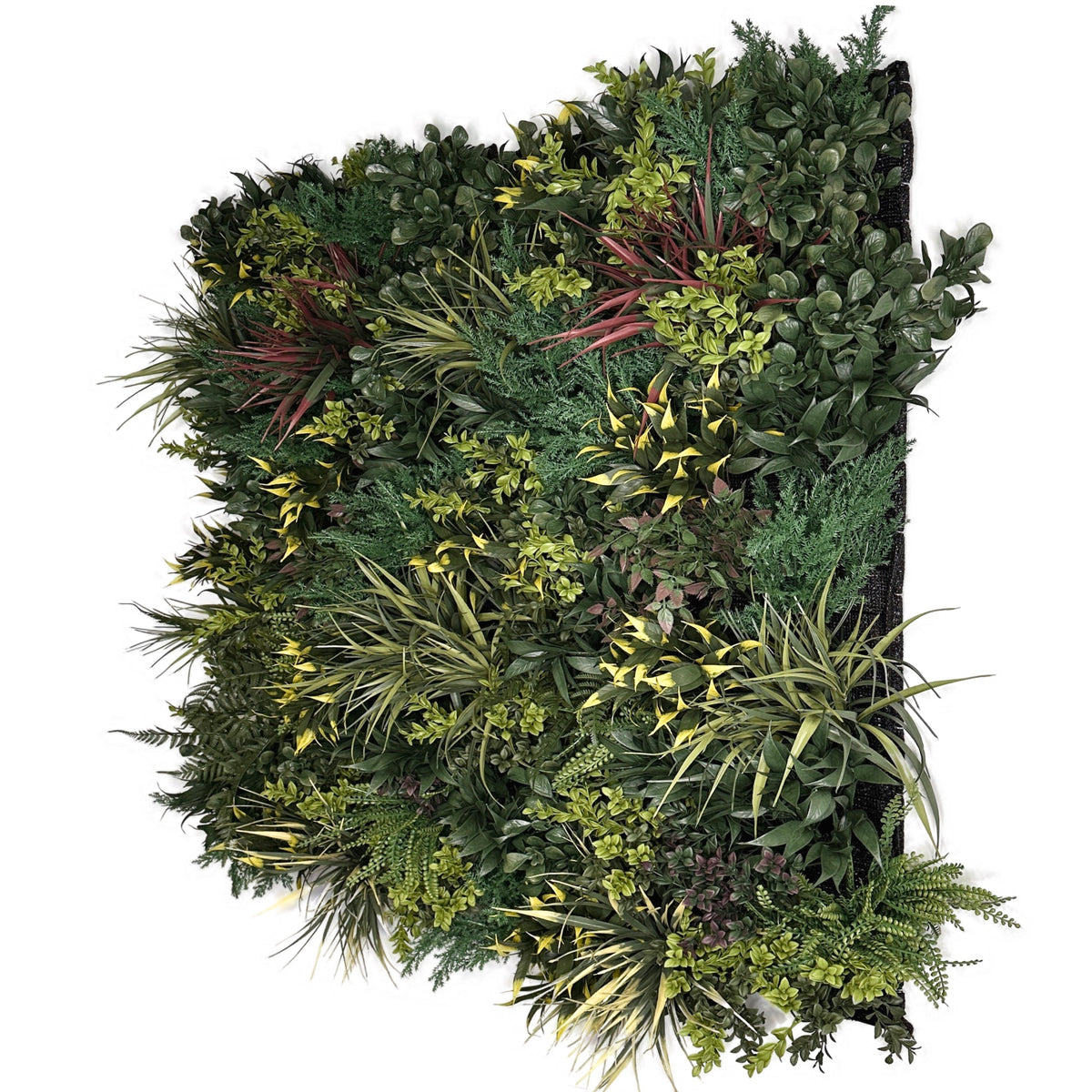 Artificial green foliage wall panel with dense leaves and grasses, red and yellow-green stems