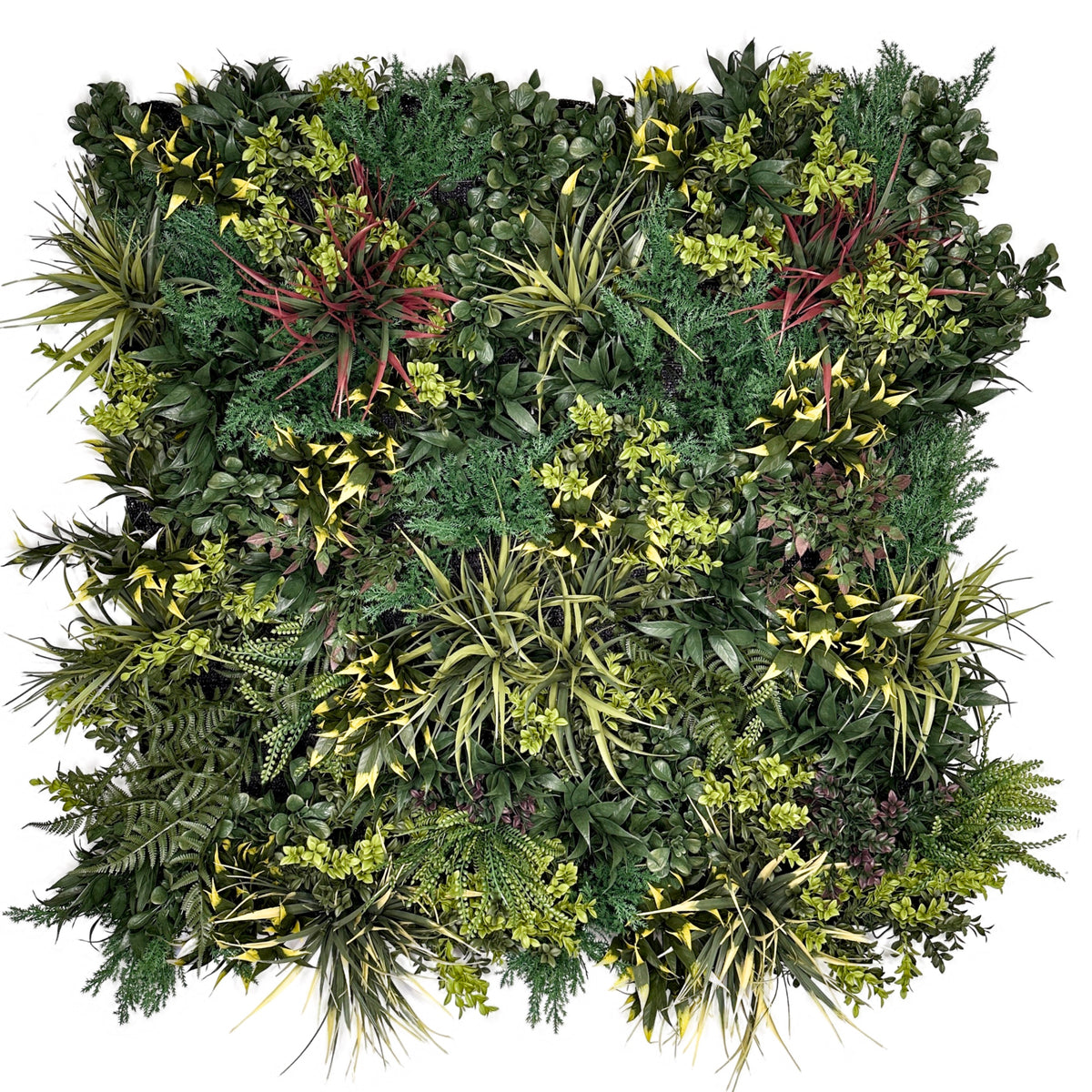 Artificial green foliage wall panel with dense mixed leaves, yellow accents, red stems