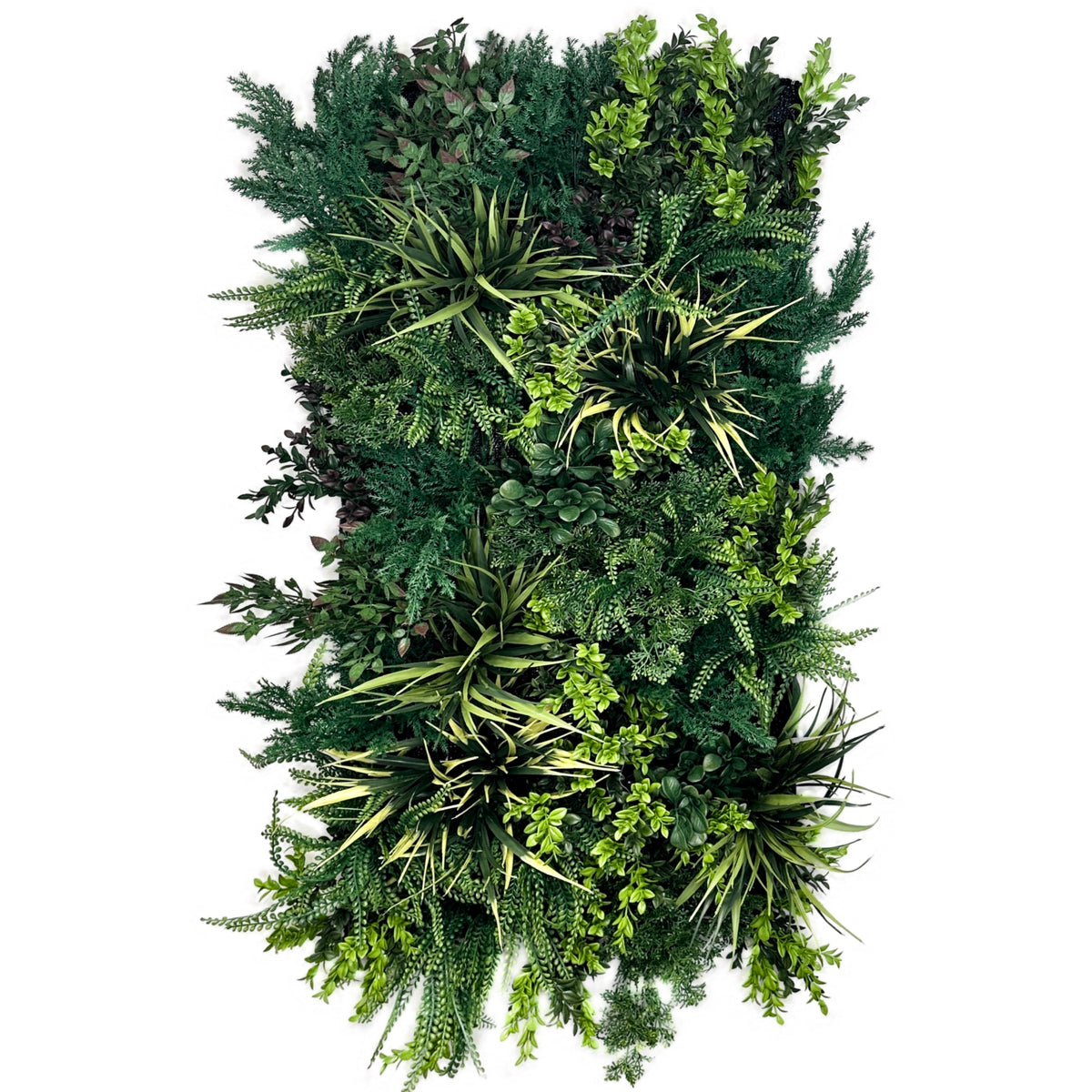 Artificial foliage wall panel with lush mixed green leaves and small yellow-green accents