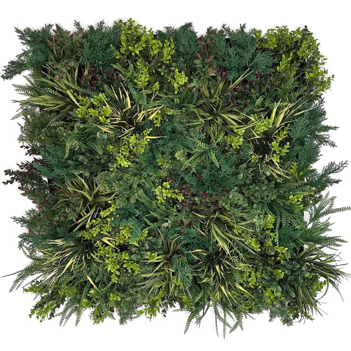 Artificial green foliage wall panel with dense bushy leaves, needles, and small yellow accents