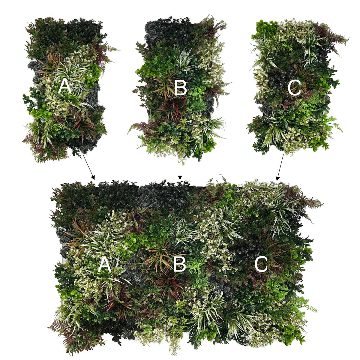 Artificial 3D plant wall panels labeled A, B, and C with dense green foliage