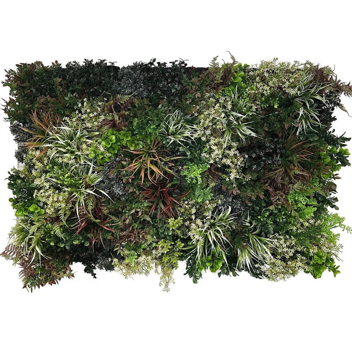 Artificial 3D plant wall panel with dense mixed green foliage and pale flower heads