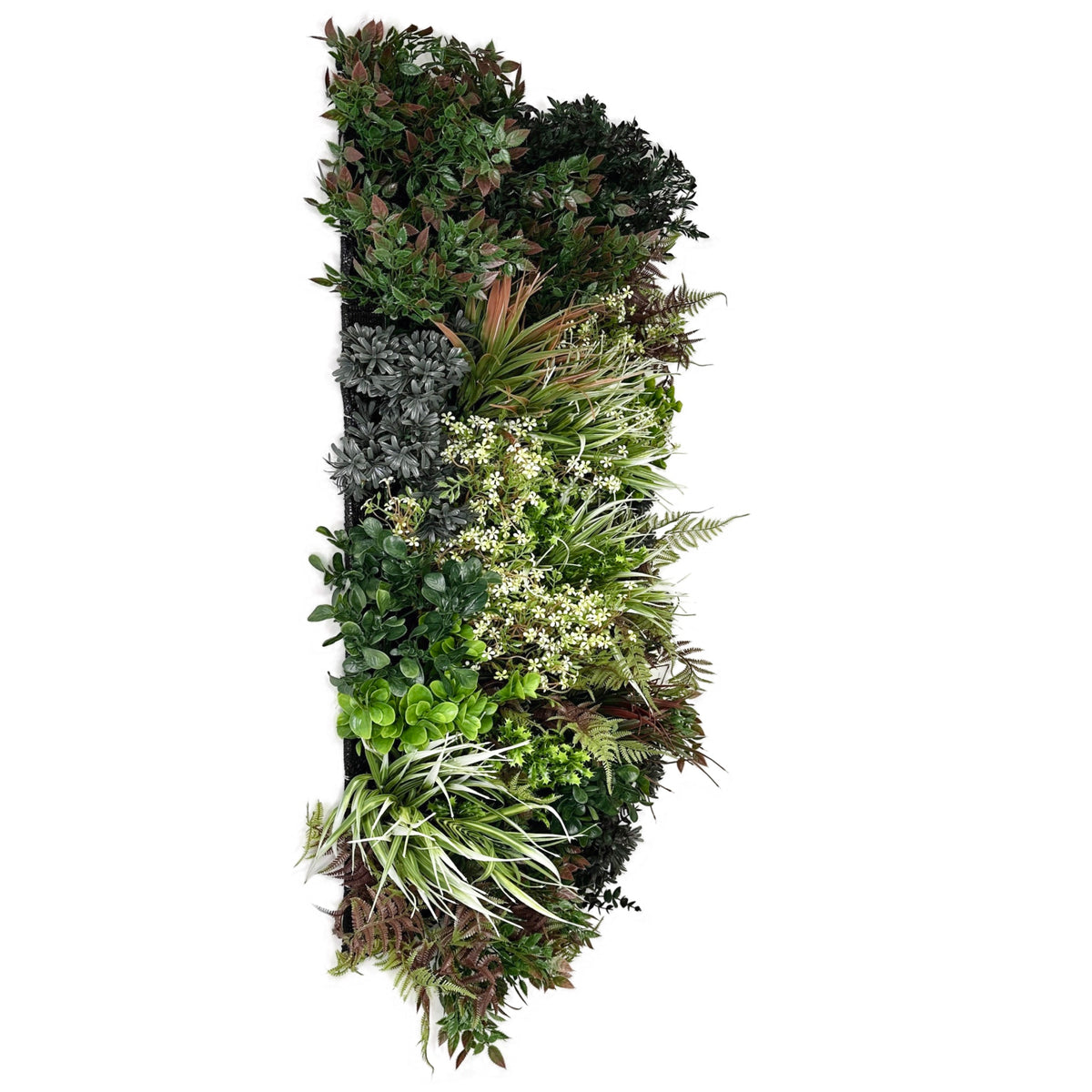 Artificial 3D plant wall panel with layered green foliage and small white flower sprigs