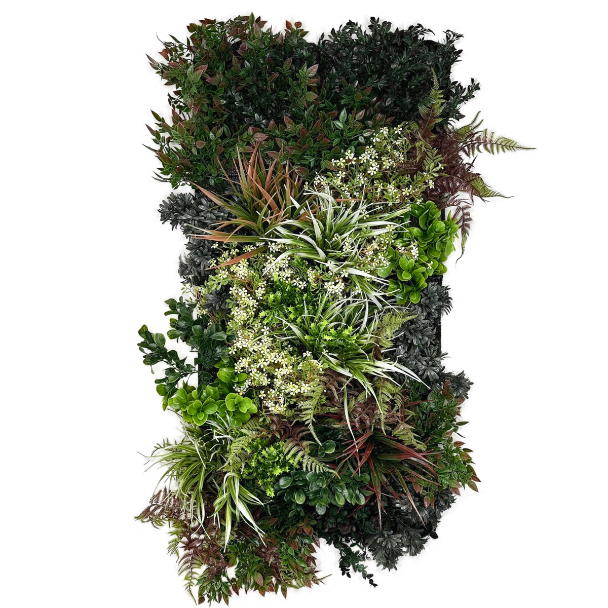 Artificial 3D plant wall panel with dense mixed green, purple, and dark foliage