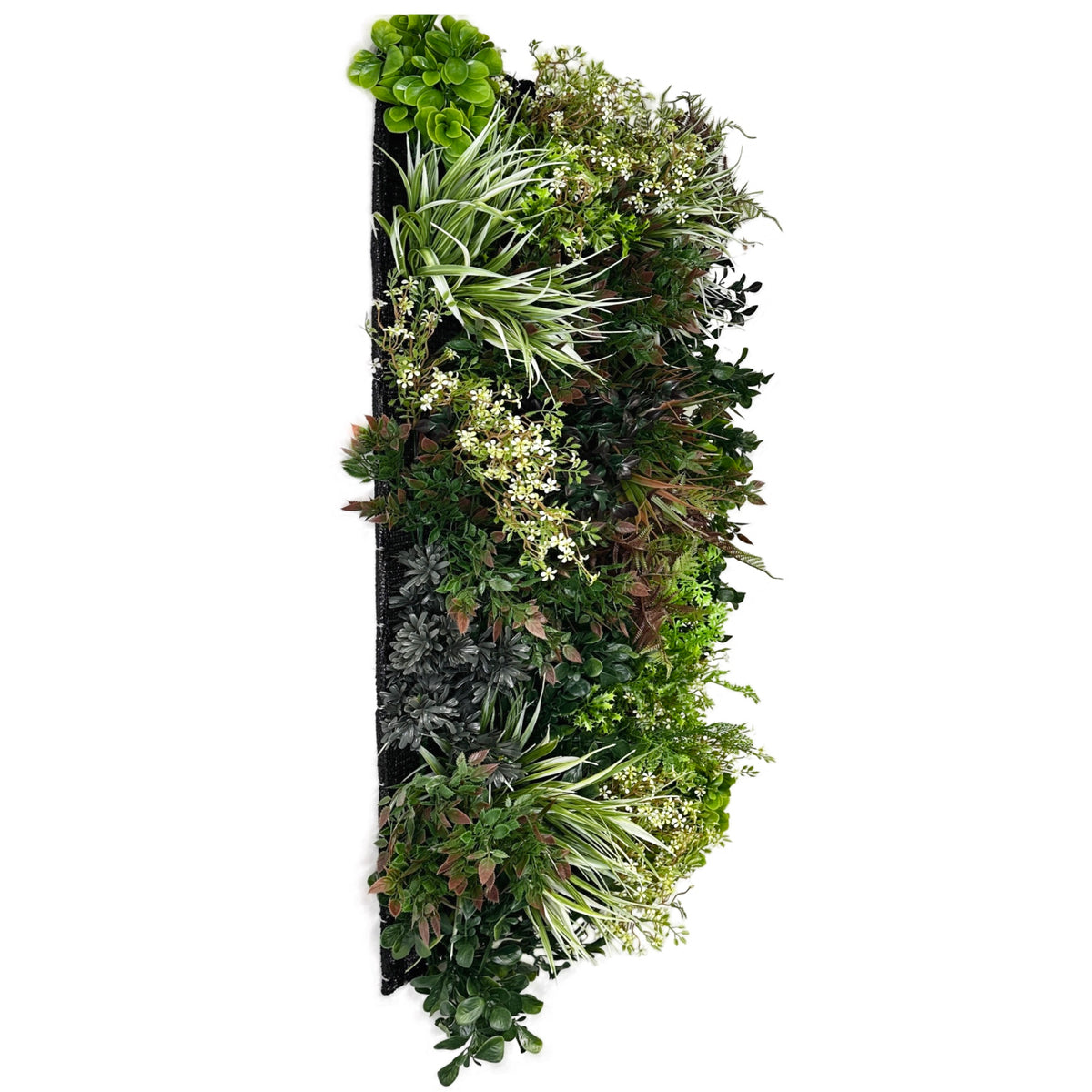 Artificial plant wall panel with vertical arrangement of green foliage and white flowers