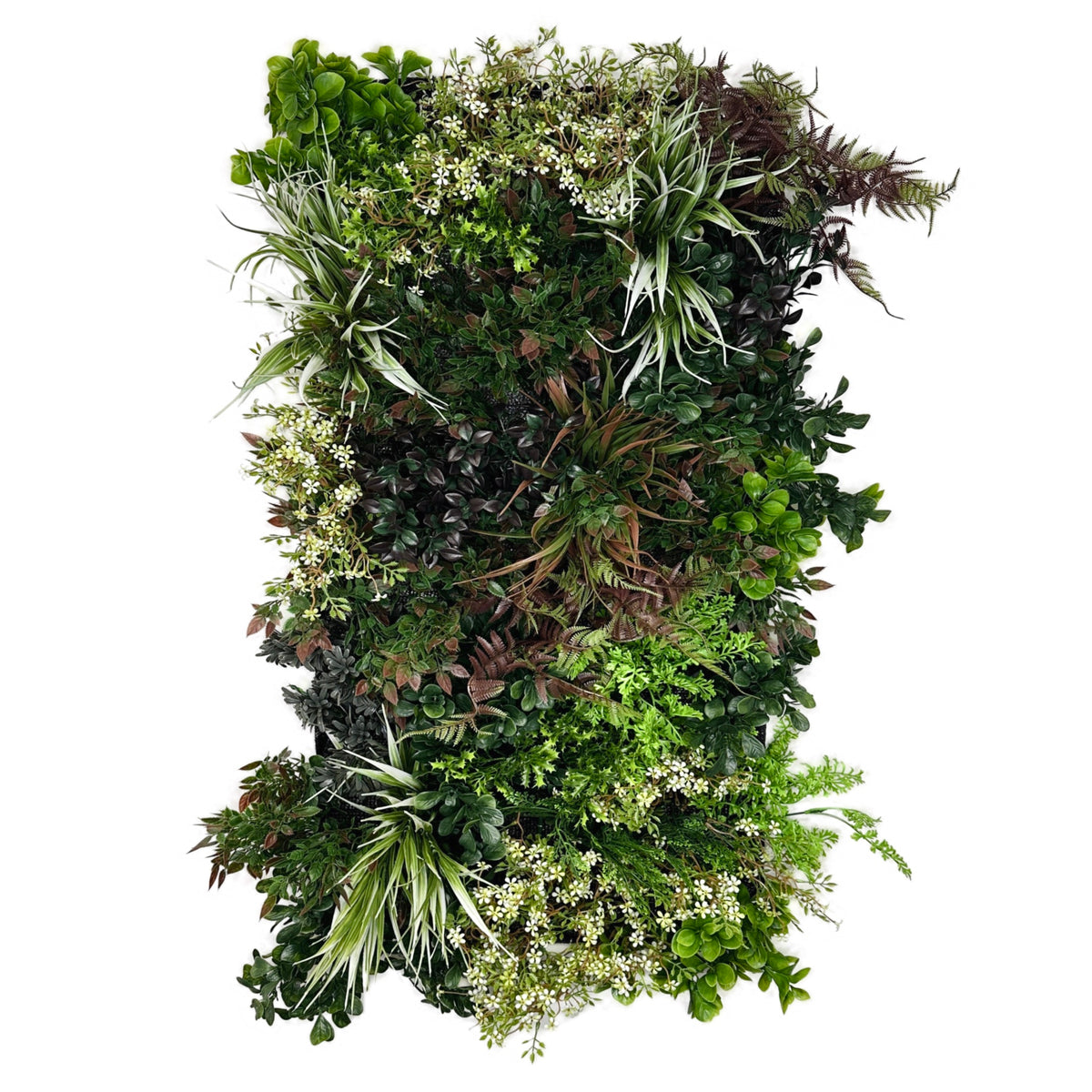 Artificial plant wall panel with mixed green leaves, thin white spikes, and tiny blossoms