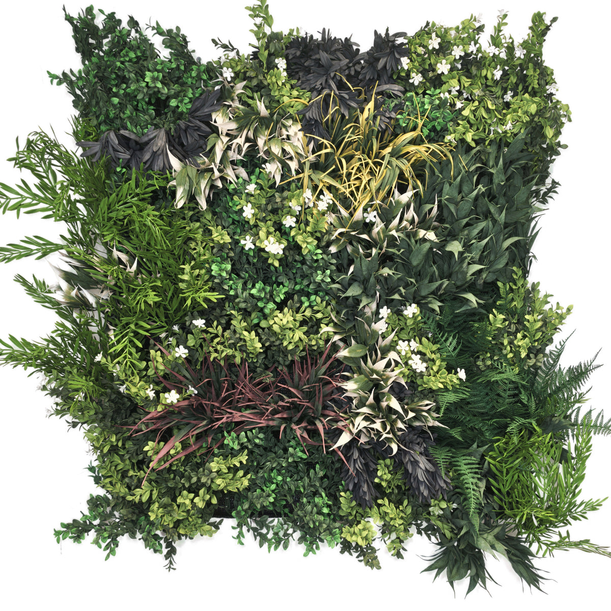Premium Artificial 3D plant wall FR with green yellow red foliage and whitre flowers - 80x80cm PW60FR